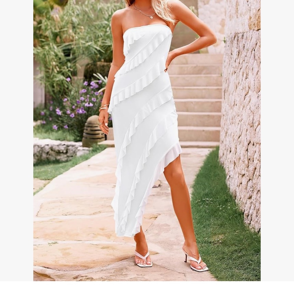 Formal Cocktail Dress Strapless Tube Asymmetrical Ruffle Maxi Bodycon